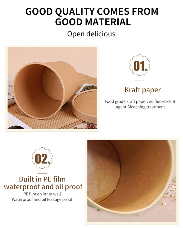 16oz Customized Disposable Kraft Paper Bowl Soup Rice White Paper Water Bowl with Lid