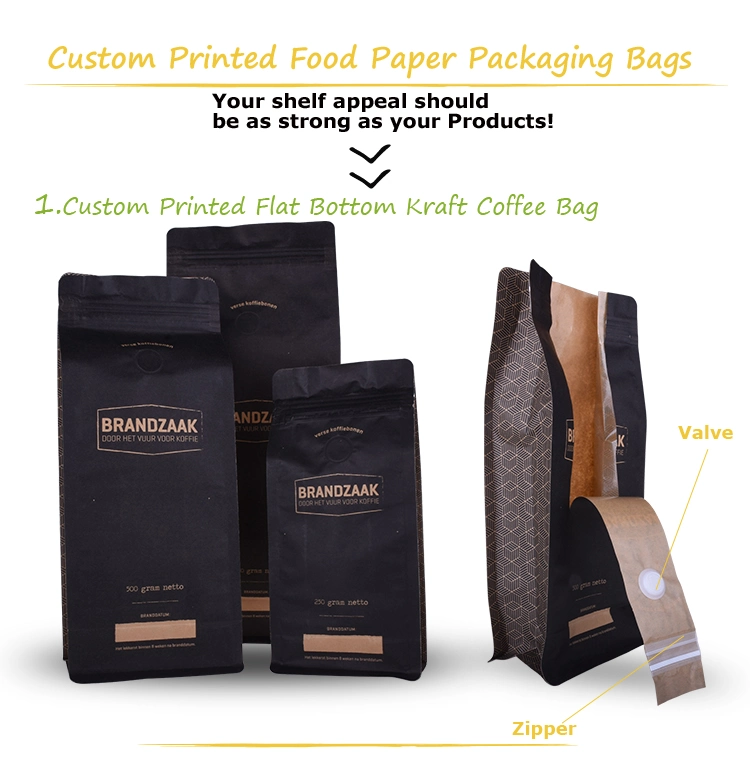 Biodegradable Custom Printed Square Bottom Front Zipper Compostable Black Kraft Paper Food Coffee Bean Packaging Bag