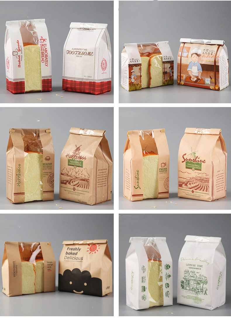 Custom Printed Brown Small Bakery Cookies Donut Toast Bag Food Grade Kraft Bread Packaging Sandwich Paper Bag with Clear Window