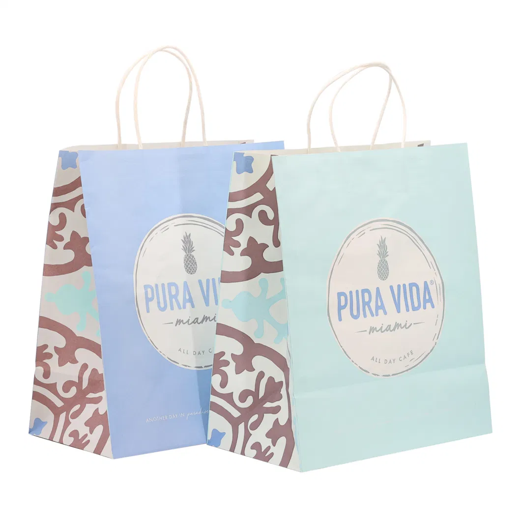 Custom Coffee Recycled Printed Promotional Twisted Handle Art Shopping Gift White Kraft Paper Bags