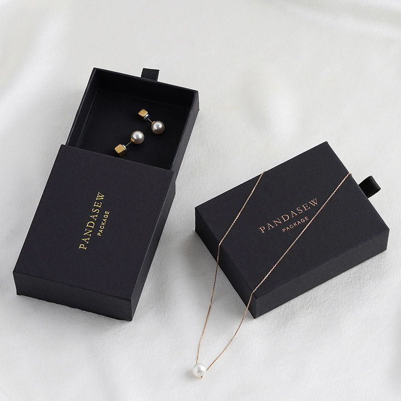 Pandasew 7X9X2.5cm Wholesale Custom Logo Black Elegant Paper Ring Necklace Drawer Boxes for Jewelry Packaging