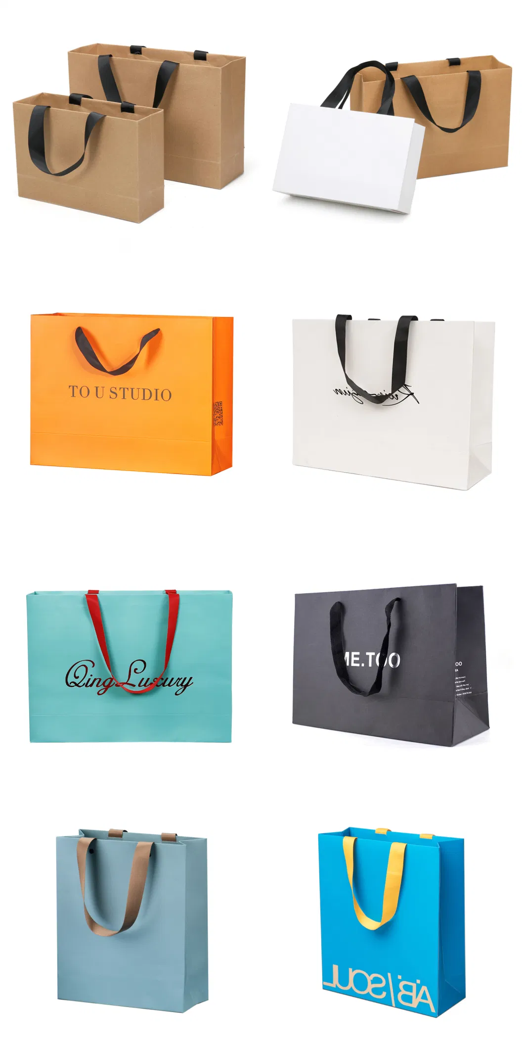 Customized Printed Logo Luxury Cardboard Art Gift Packaging Cosmetic/Clothing White Kraft Paper Shopping Bag with Ribbon Handle