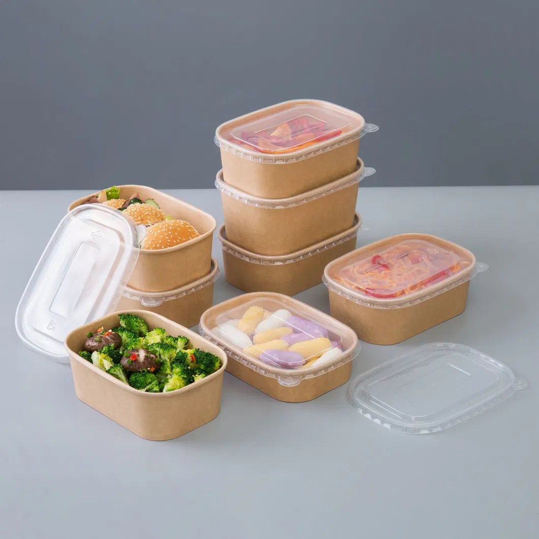 Disposable Food Grade Microwavable Lunch Box Burger Fries Various Size and Used Takeaway Salad Bowl Kraft Paper Box with Plastic Lid