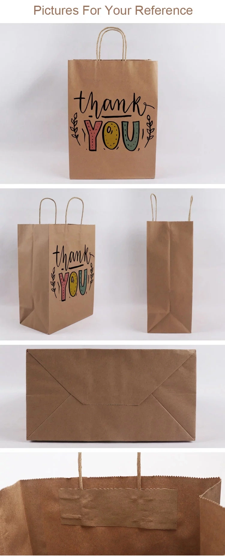 Customized Logo Small Thank You Brown Kraft Twist Rope Paper Handle Gift Bag for Supermarket Shopping