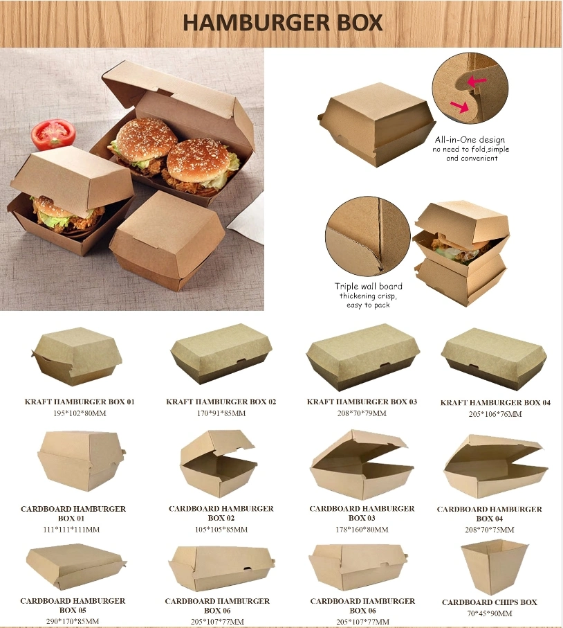 Custom Design Printed Logo Disposable Cardboard Corrugated Kraft Lunch Fries Hot Dog Hamburger Burger Packaging Paper Box