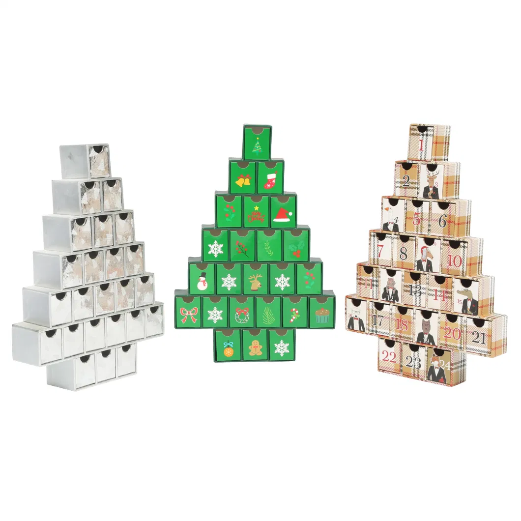 Tree Shape Christmas Special Paper Gift Packaging Boxes 24 Drawers Cosmetic Skin Care Pet Treat Toy Unique Display Box Holiday Gift Creative Paper Packaging Box