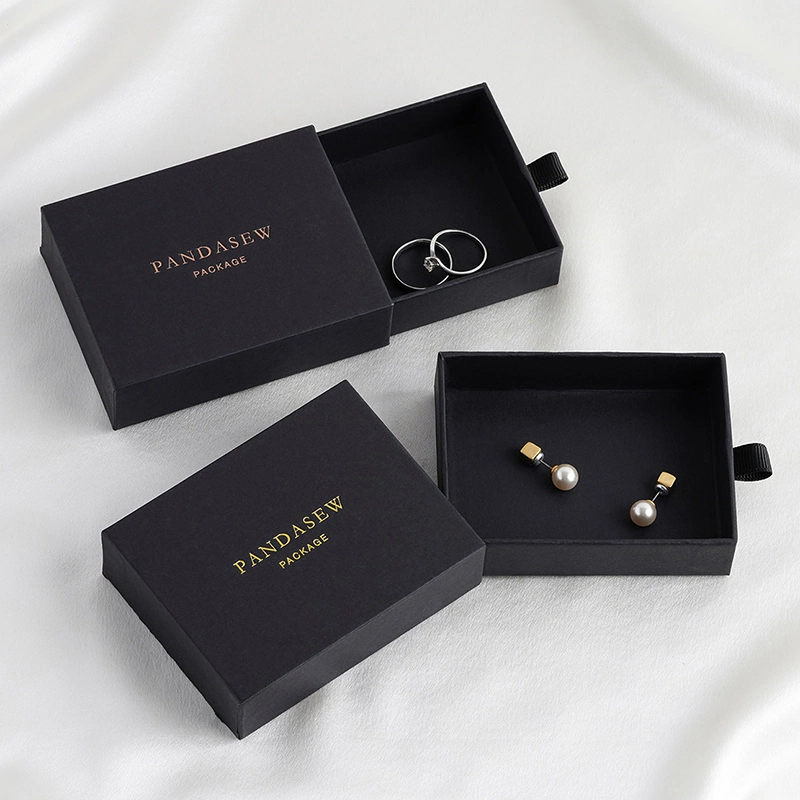 Pandasew 7X9X2.5cm Wholesale Custom Logo Black Elegant Paper Ring Necklace Drawer Boxes for Jewelry Packaging