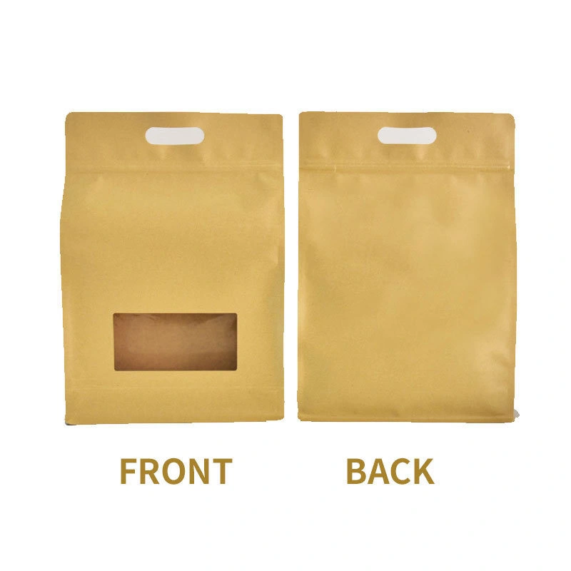 Large Eight-Side Seal Thickened Food Tea Portable Self-Sealing Kraft Paper Bag with Transparent Window