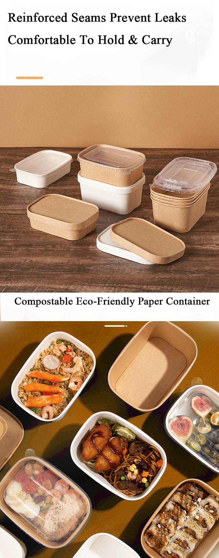 Disposable Take Away Food Container Rectangle Paper Box with Lid