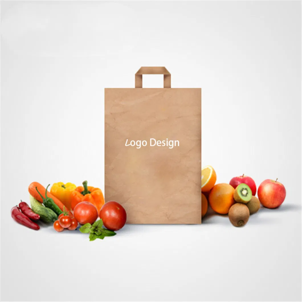 Wholesale Custom Recycled Food Takeaway Packaging Brown Kraft Paper Bag with Flat Handles