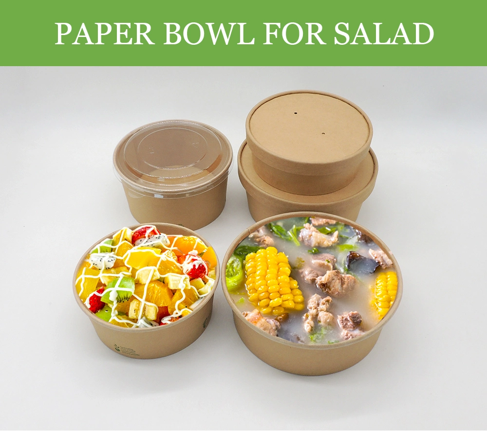 Disposable Food Container Brown Kraft Paper Soup Salad Bowl with Lid