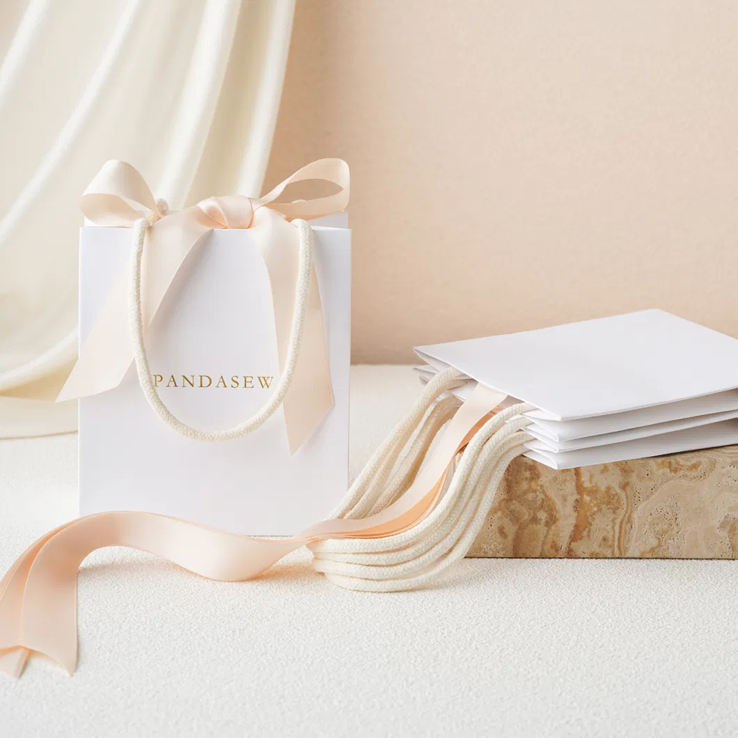 Pandasew Custom Logo White Bowknot Ribbon Kraft Handle Shopping Jewelry Art Cosmetic Handle Gift Kraft Paper Package Bag