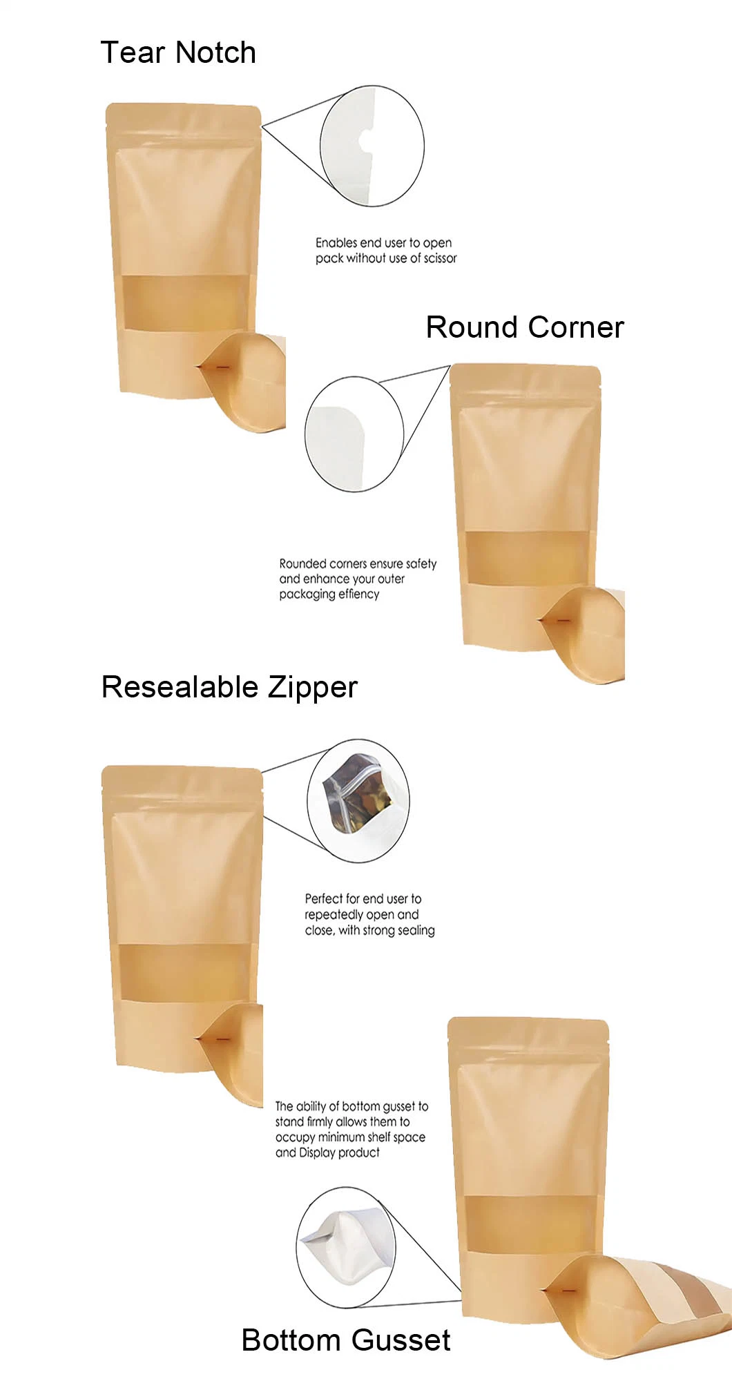 Biodegradable Ziplock Brown White Kraft Craft Paper Standing up Pouches Food Packaging Zipper Bags