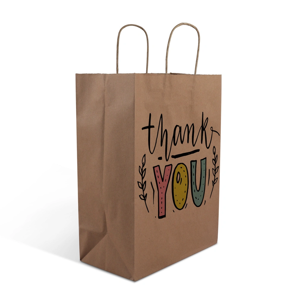 Customized Logo Small Thank You Brown Kraft Twist Rope Paper Handle Gift Bag for Supermarket Shopping