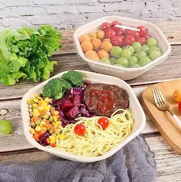 Hexagon Disposable Bowls with Lids, Sugarcane Fiber Biodegradable Paper Salad Bowls Take Away Food Containers Eco-Friendly Plant Fibers Microwave &amp; Freezer Safe