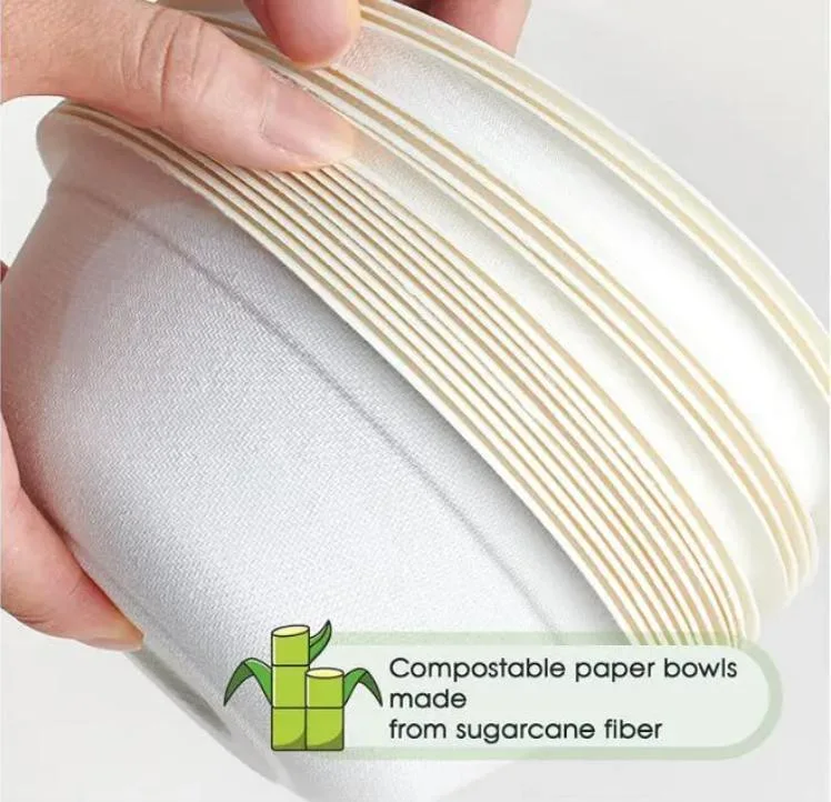 Biodegradable Eco Friendly Sugarcane Bagasse White Compostable Disposable Soup Food Paper Round Bowls