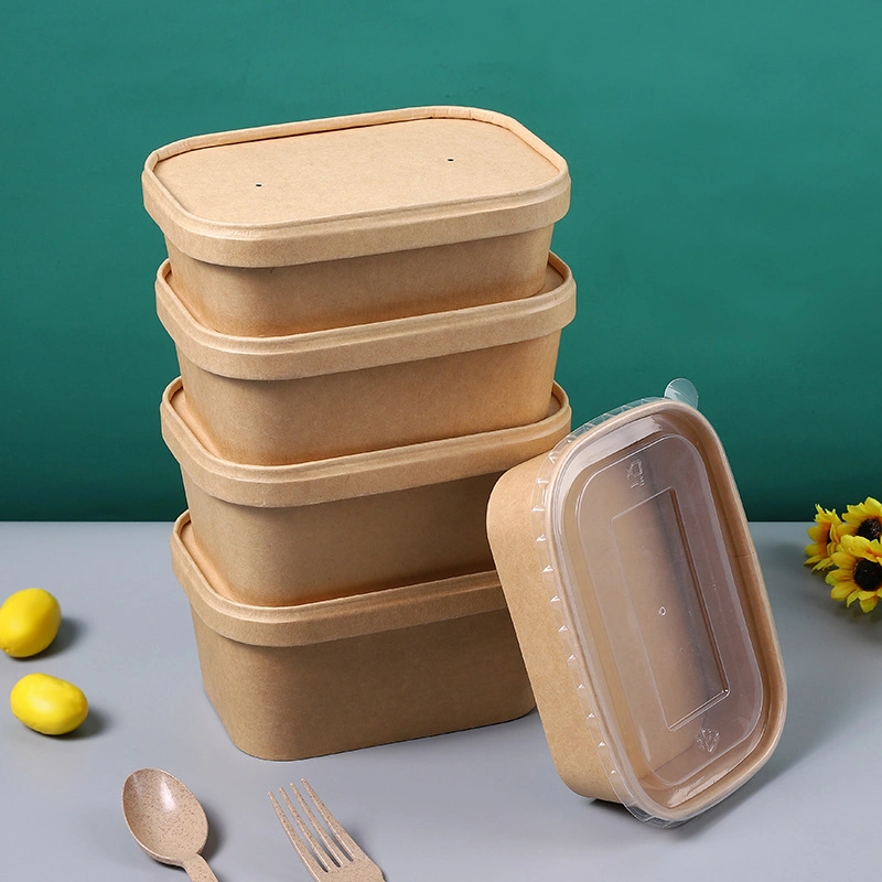 Disposable Tableware Biodegradable Kraft Paper Square Lunch Box with Lid (500/650/750/1000 ml)