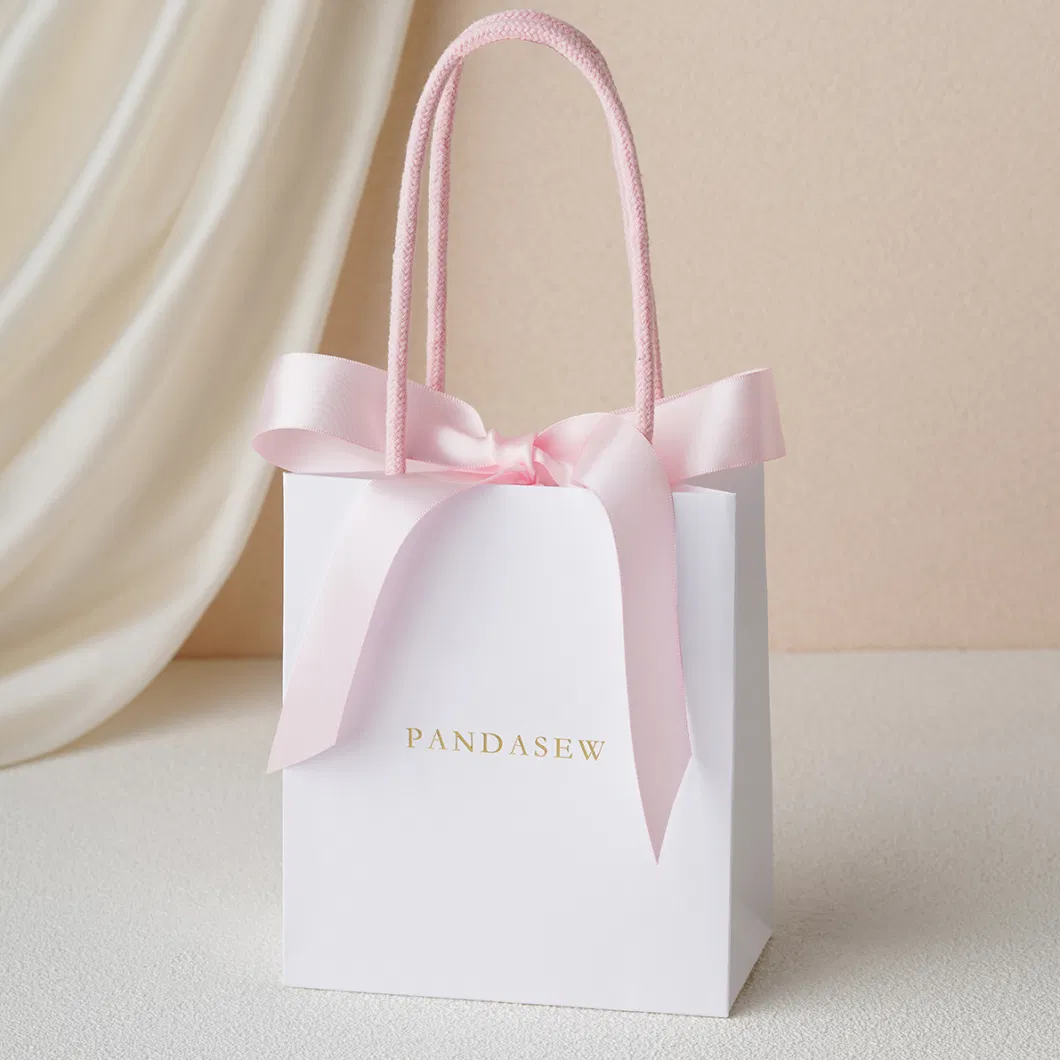 Pandasew Custom Logo White Bowknot Ribbon Kraft Handle Shopping Jewelry Art Cosmetic Handle Gift Kraft Paper Package Bag