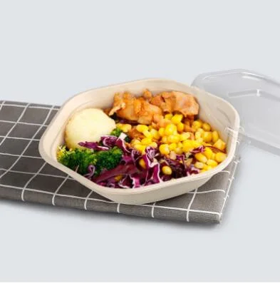 Hexagon Disposable Bowls with Lids, Sugarcane Fiber Biodegradable Paper Salad Bowls Take Away Food Containers Eco-Friendly Plant Fibers Microwave &amp; Freezer Safe