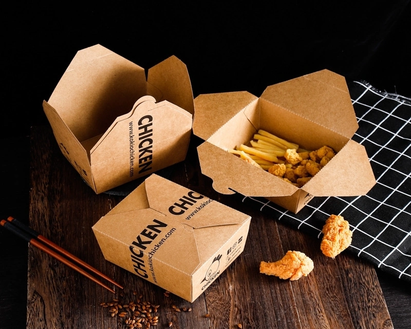 Custom Printed Fried Chicken Chips Kraft Paper Packaging Box Meal Bento Lunch Box with Lid Packing Pasta Salad Food Takeaway