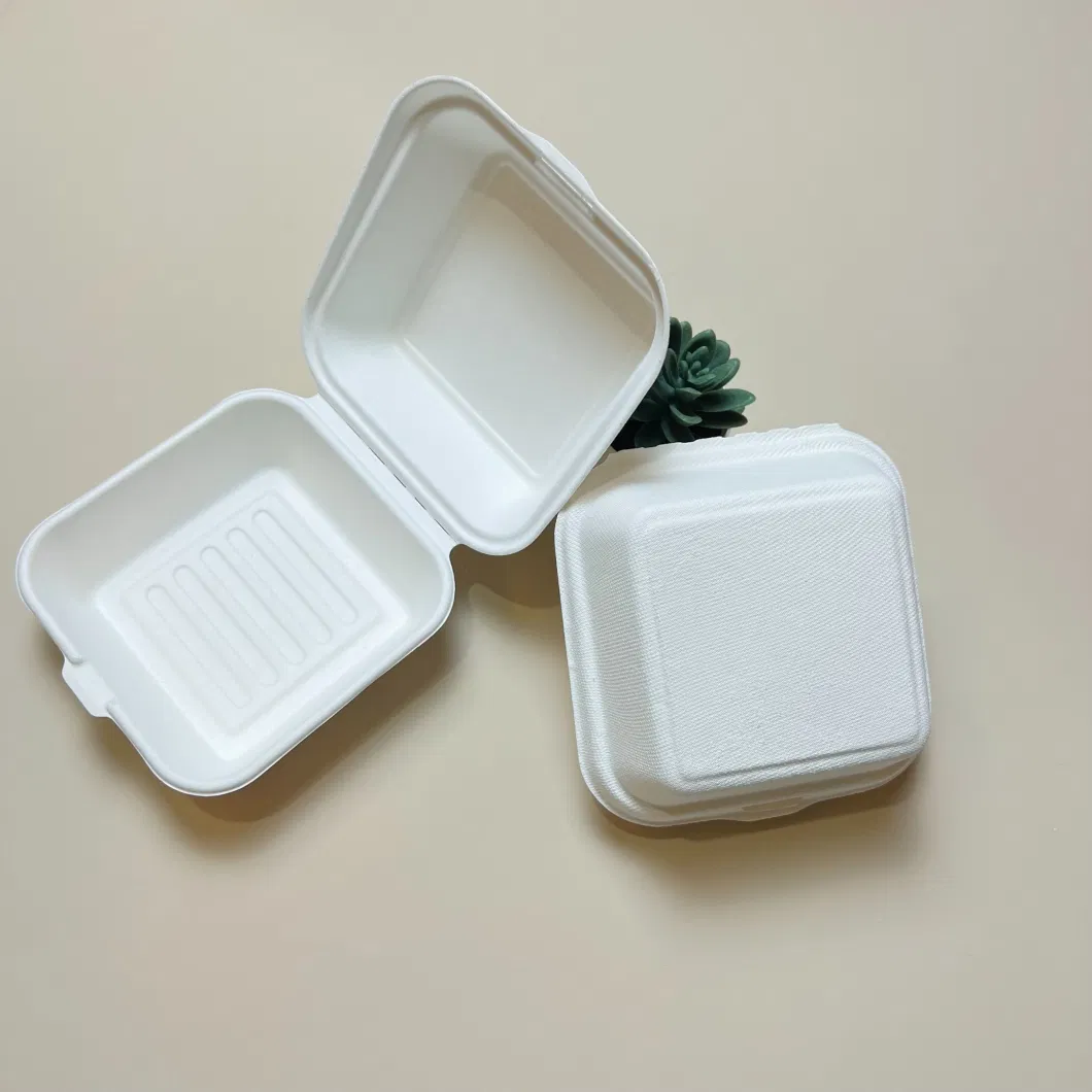 Biodegradable Disposable Hamburger Box Sugarcane Bagasse Paper Pulp Lunch 6 Inch Box