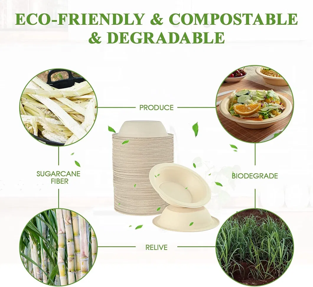 Biodegradable Eco Friendly Sugarcane Bagasse White Compostable Disposable Soup Food Paper Round Bowls