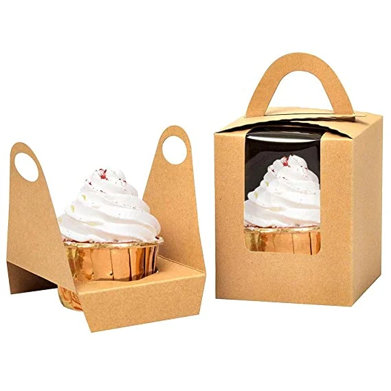 Custom Logo Cupcake Dessert Kraft Paper Packaging Bakery Chocolate Cake Gift Box with Handle