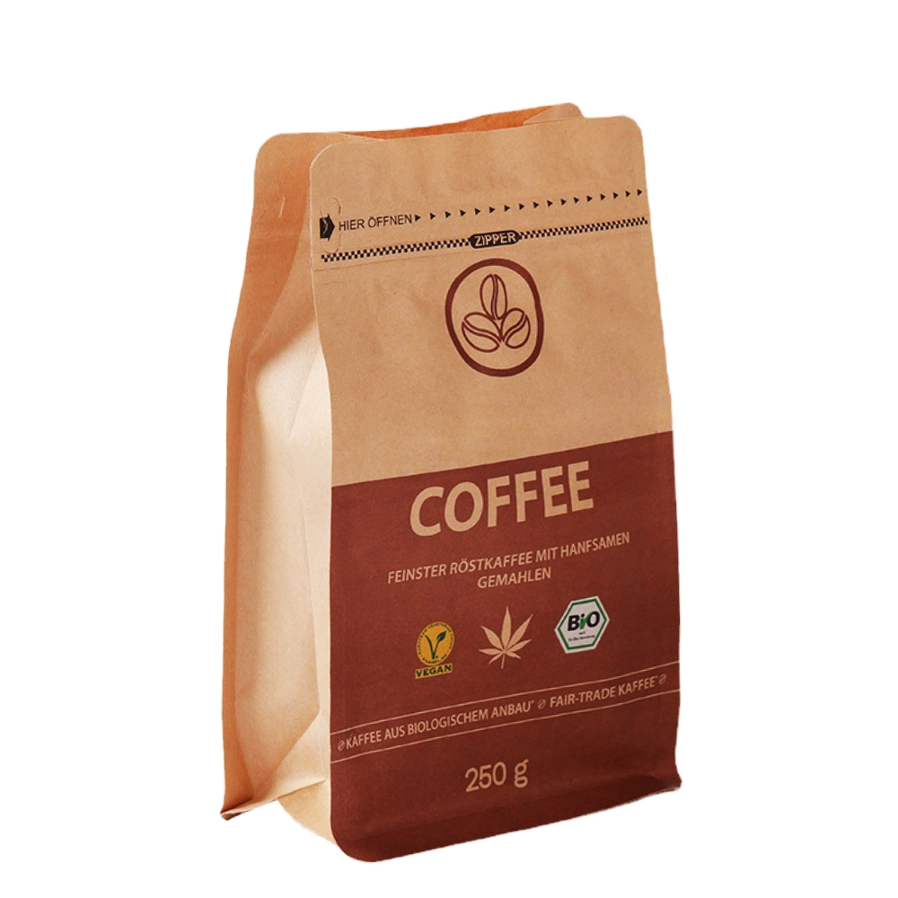 Heat Sealed Compostable Brown Kraft Craft Paper Pouch 1kg Empty Flat Bottom Coffee Bean Packaging Zipper Coffee Bag with Valve