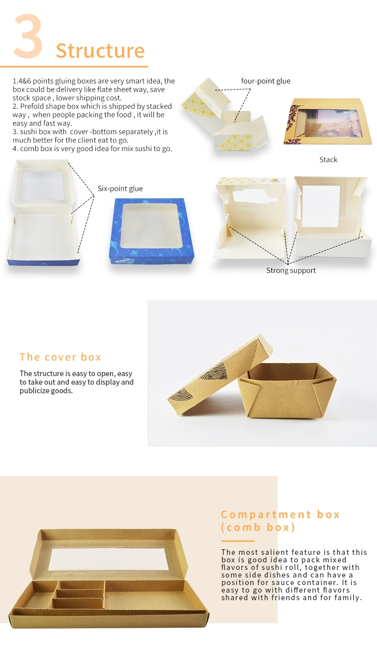 Biodegradable Customized Disposable Kraft Paper Foodboat Tray for Snack Sushi Paper Box with Lid