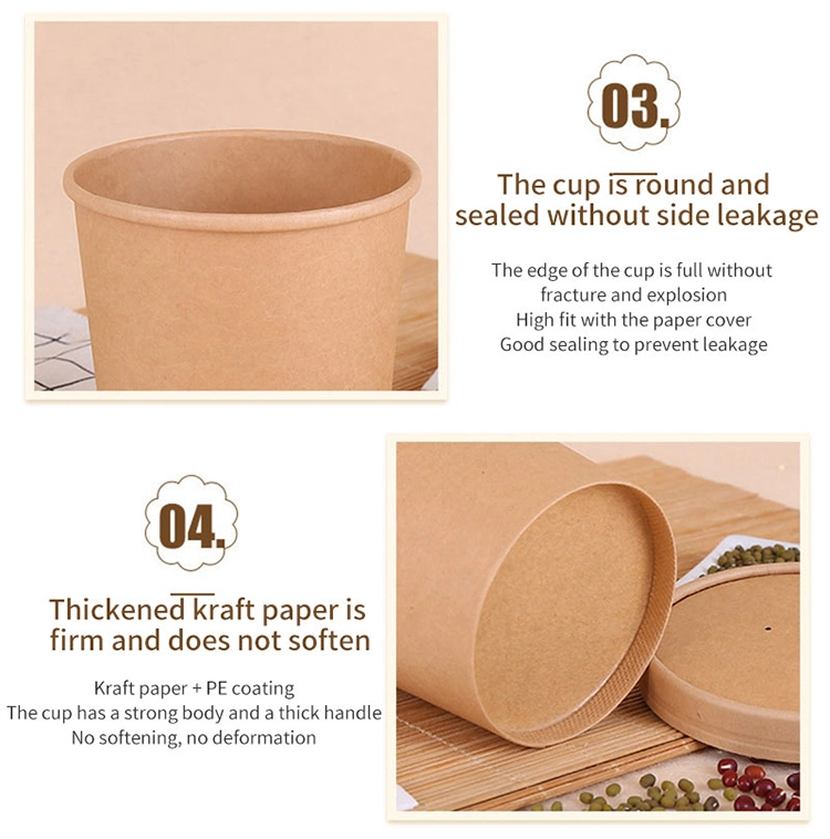 16oz Customized Disposable Kraft Paper Bowl Soup Rice White Paper Water Bowl with Lid