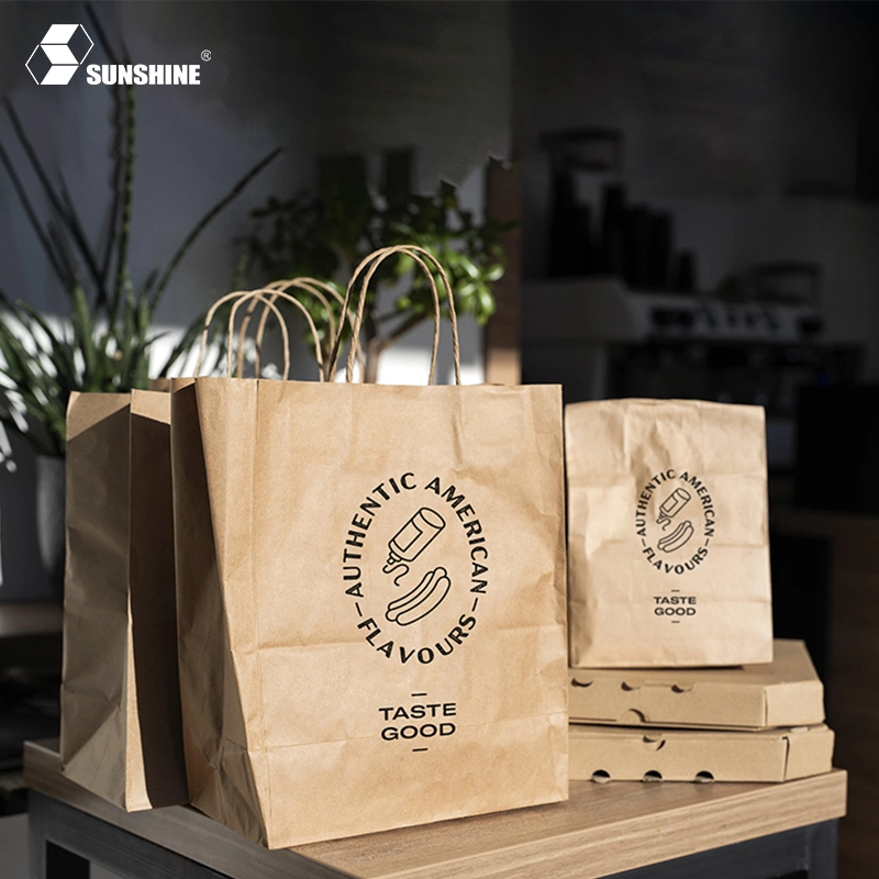 Small Kraft Brown Chinese Restaurant Food Delivery Takeaway Paper Bags with Handle