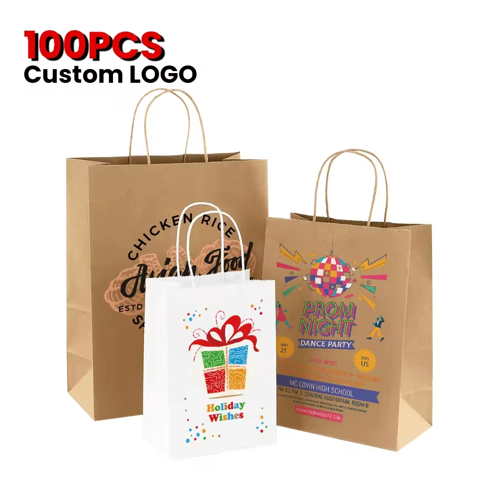 Custom Logo Printed Brown Kraft Shopping Takeaway Paper Gift Bag with Handle