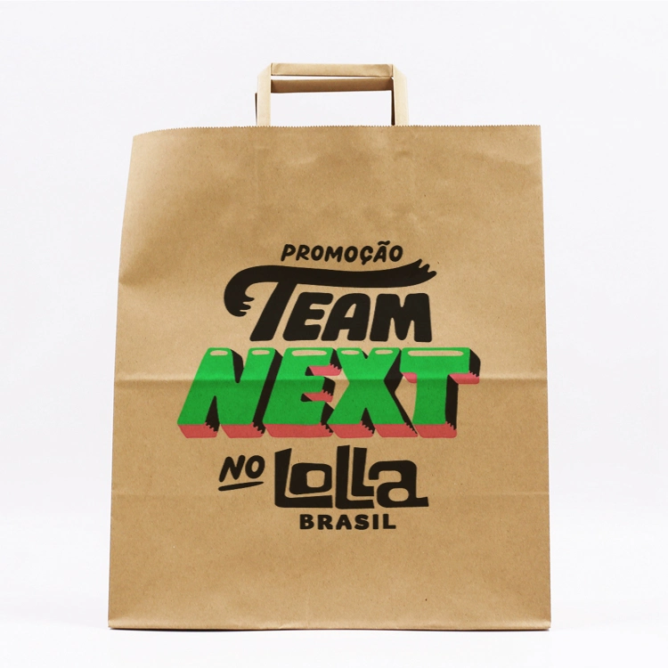 Custom Your Own Logo Print Carry out Bag for Restaurant to Go Fast Food Biodegradable Takeaway Kraft Paper Bag with Flat Craft Handle