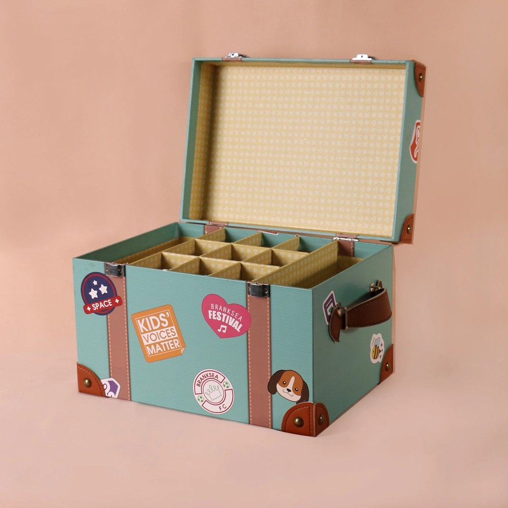 Decorative Paperboard Paper Leather Handle Storage Suitcase Box with Lid