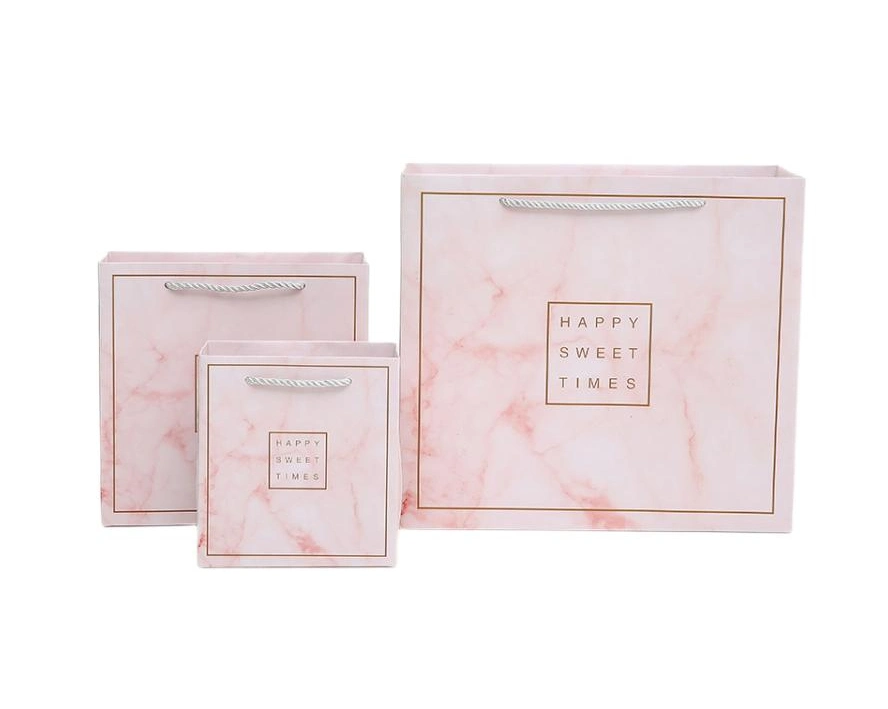 Marbling Gift Bag Romantic Pink Color Cardboard Paper Gift Packaging Bag with Three-Strand Rope