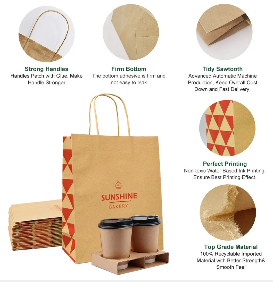 Small Kraft Brown Chinese Restaurant Food Delivery Takeaway Paper Bags with Handle