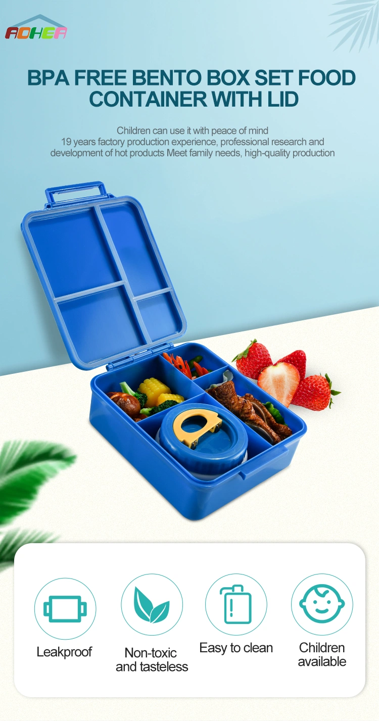 Aohea Plastic Food Box 4 Compartments Kids Bento Box with Food Jar Lunch Box Bento Kids Lunch Box for School Child Lunchbox