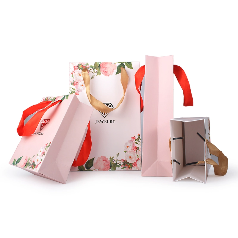 Custom Private Logo Print Pink Small Personalized Carrier Giveaway Jewelry Garment Packaging Tote Gifts White Cardboard Paper Shopping Bag with Ribbon Handles