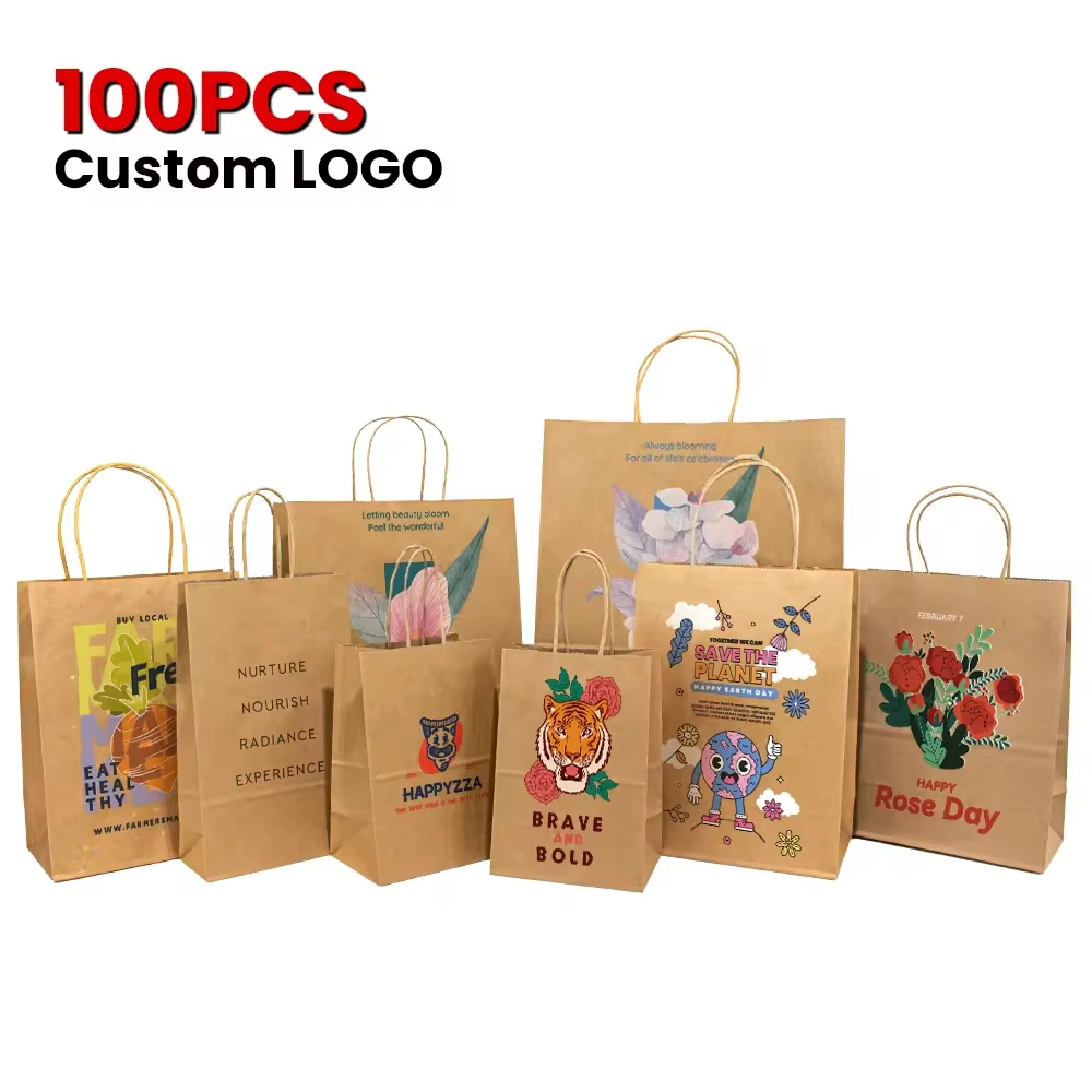 Custom Logo Printed Brown Kraft Shopping Takeaway Paper Gift Bag with Handle