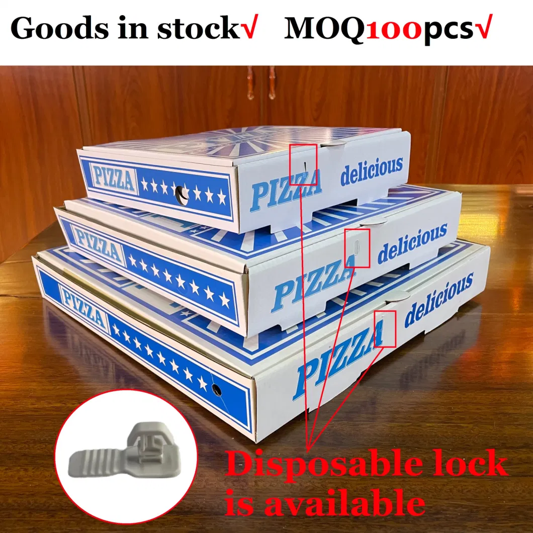 Goods in Stock Wholeasale Cheap Price Corrugated Kraft 8-12 Inch Pizza Box Food Packaging Box Pizza Packing Box with Disposable Lock, MOQ 100PCS