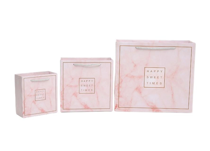 Marbling Gift Bag Romantic Pink Color Cardboard Paper Gift Packaging Bag with Three-Strand Rope