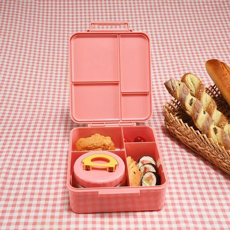 Aohea Plastic Food Box 4 Compartments Kids Bento Box with Food Jar Lunch Box Bento Kids Lunch Box for School Child Lunchbox