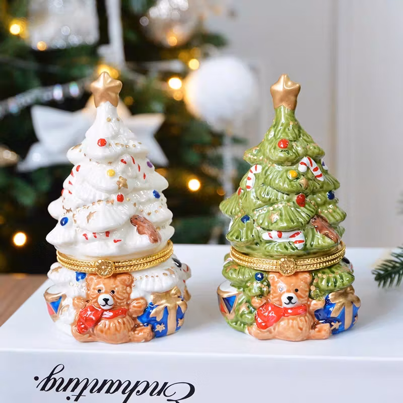 12cm 4.7inch Ceramic Jewelry Box Christmas Tree Bear Home Crafts Ornaments Holiday New Year Gifts