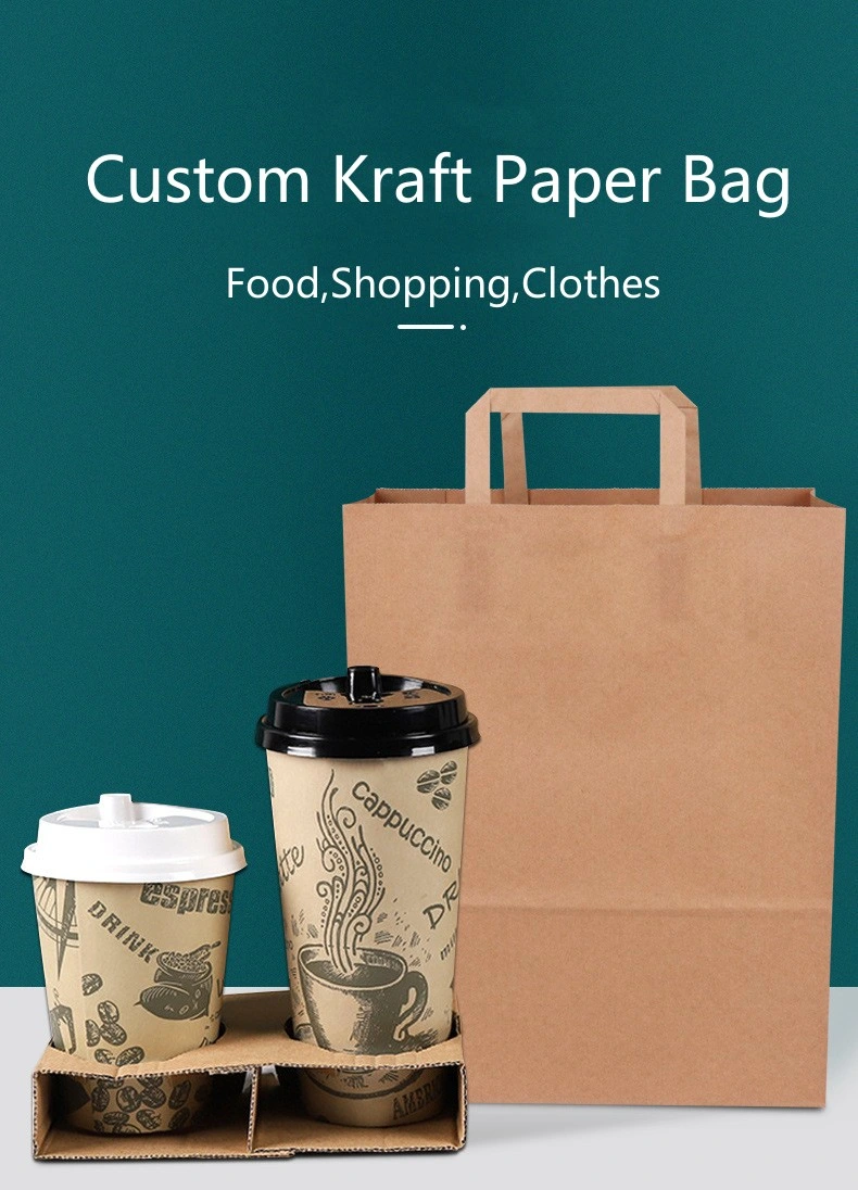 Fast Food Pizza Take Away Kraft Carrier Paper Bag with Flat Handle