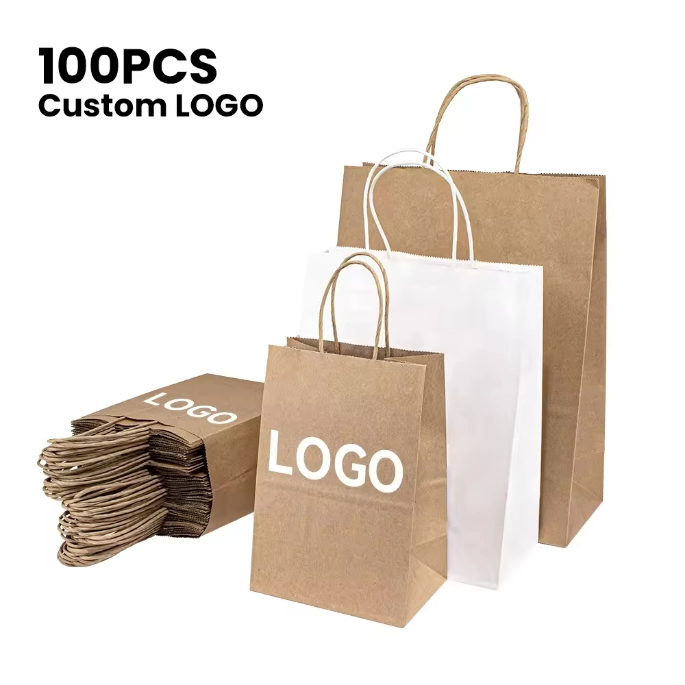 Custom Logo Printed Brown Kraft Shopping Takeaway Paper Gift Bag with Handle