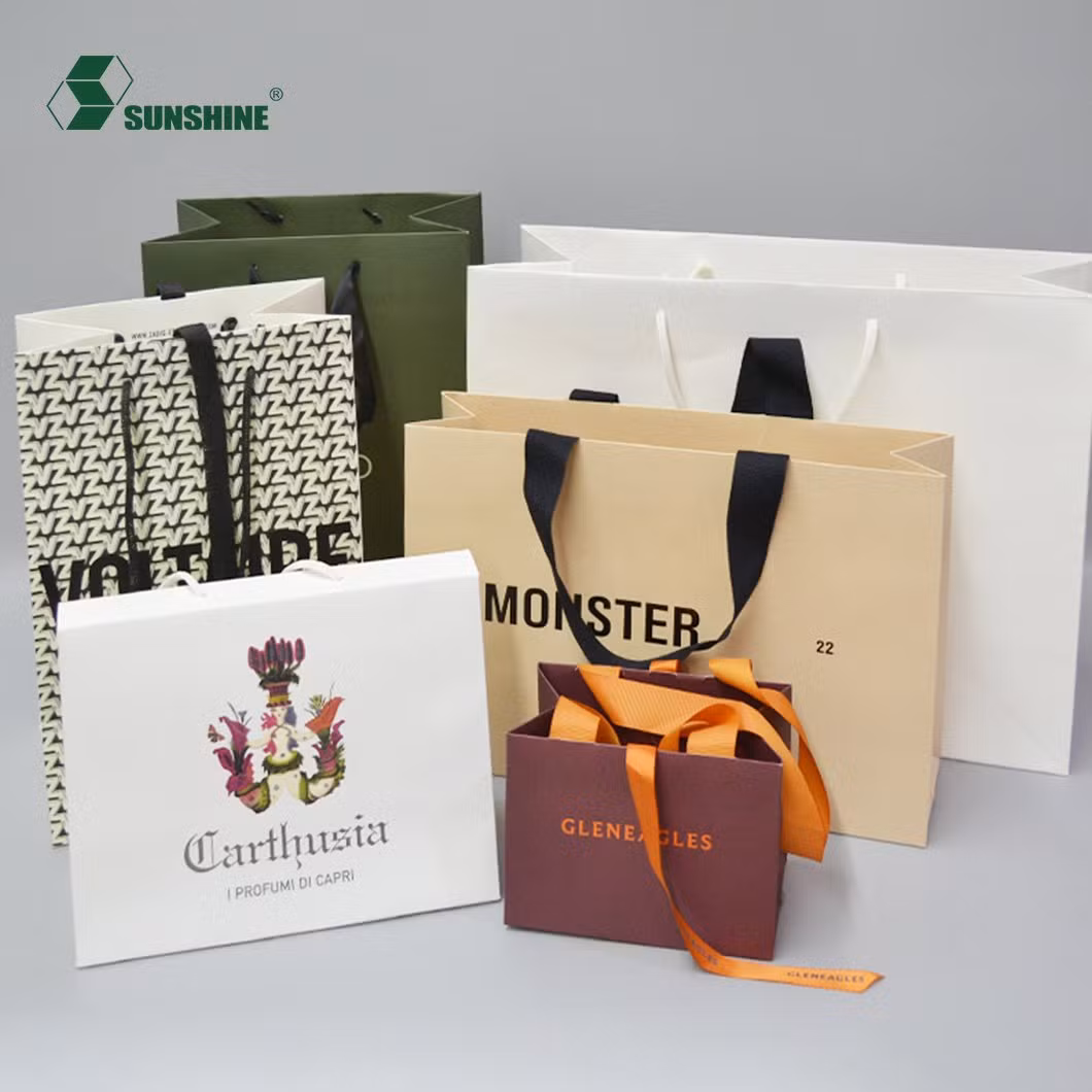 Custom Logo Gold Stamping Printed Branded Luxury Paper Jewelry Bracelet Shoes Packaging Gift Shopping Bag with Ribbon