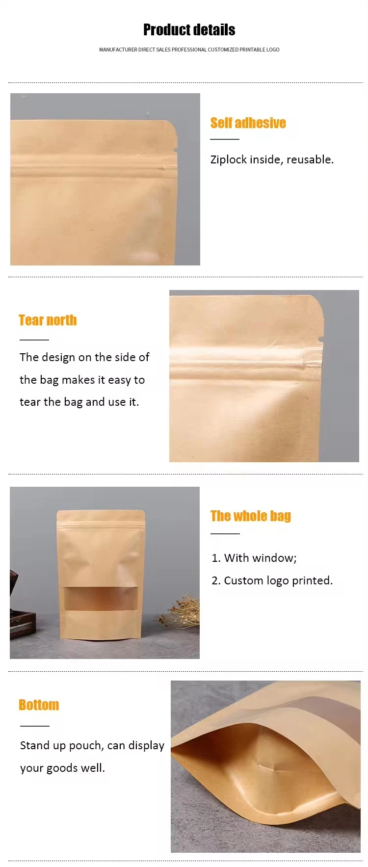 Kraft Packaging Bags Stand up Pouch Ziplock Food Small Brown Paper Bag with Window