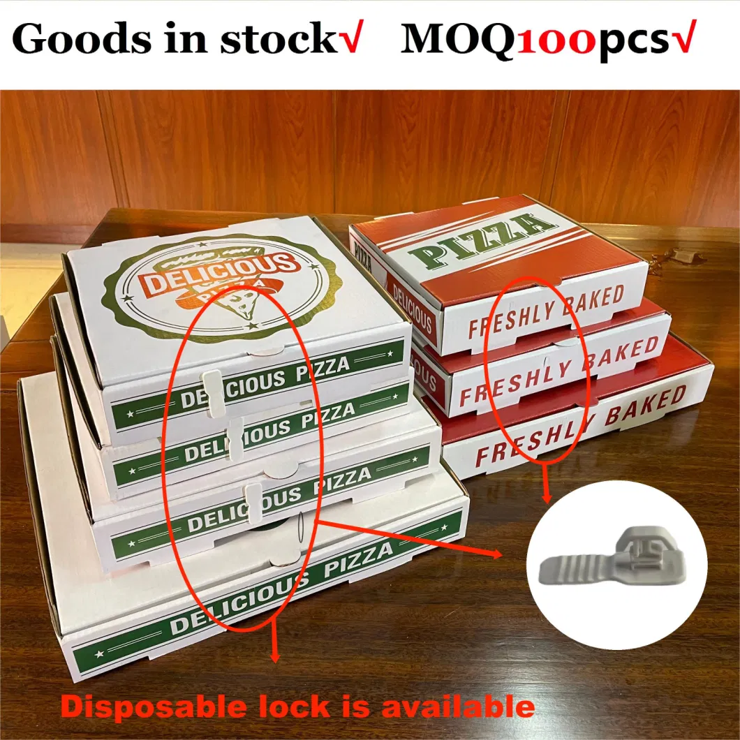 Goods in Stock Wholeasale Cheap Price Corrugated Kraft 8-12 Inch Pizza Box Food Packaging Box Pizza Packing Box with Disposable Lock, MOQ 100PCS