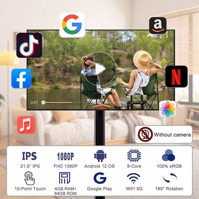 21.5 Inch Android 12 System Moveable Stand Smart Portable TV Touch Screen LCD Display