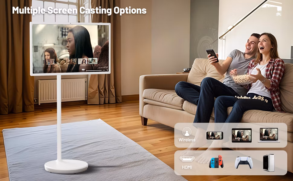 22 Inch Portable TV on Wheels 1080P, 4GB RAM+64GB Storage Touch Screen 100% Srgb Displays, Rotating Smart Screen Tablet TV with Base, Mobile TV in House